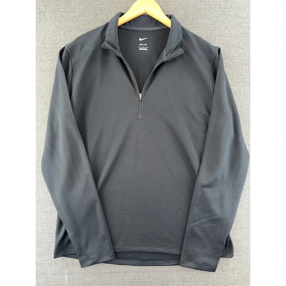 Nike Dri-FIT Mens Large Black Waffle Knit Quarter Zip Pullover Thumbholes